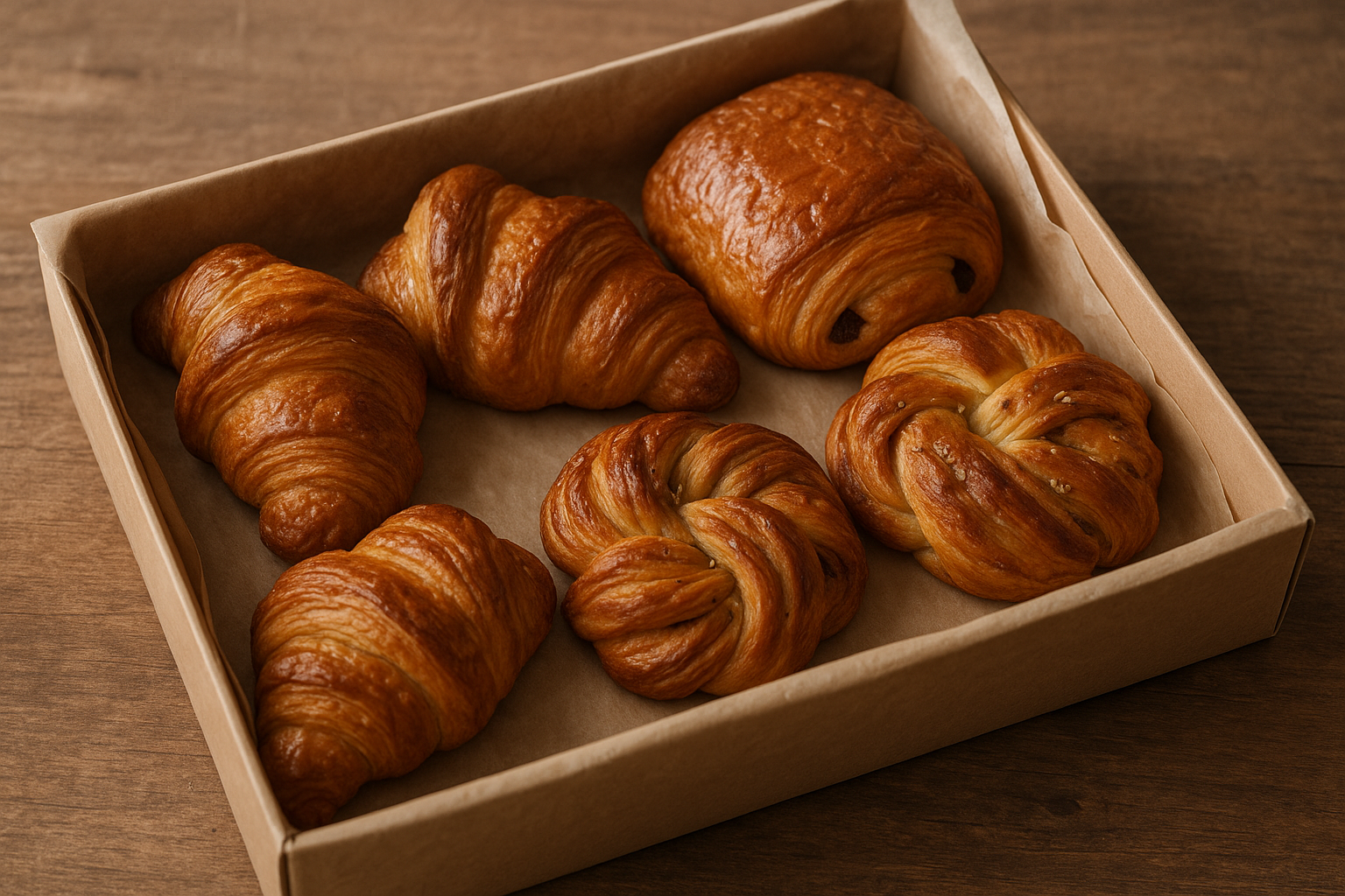 Weekend pastry box with croissants, pain au chocolat, and cardamom knots in parchment