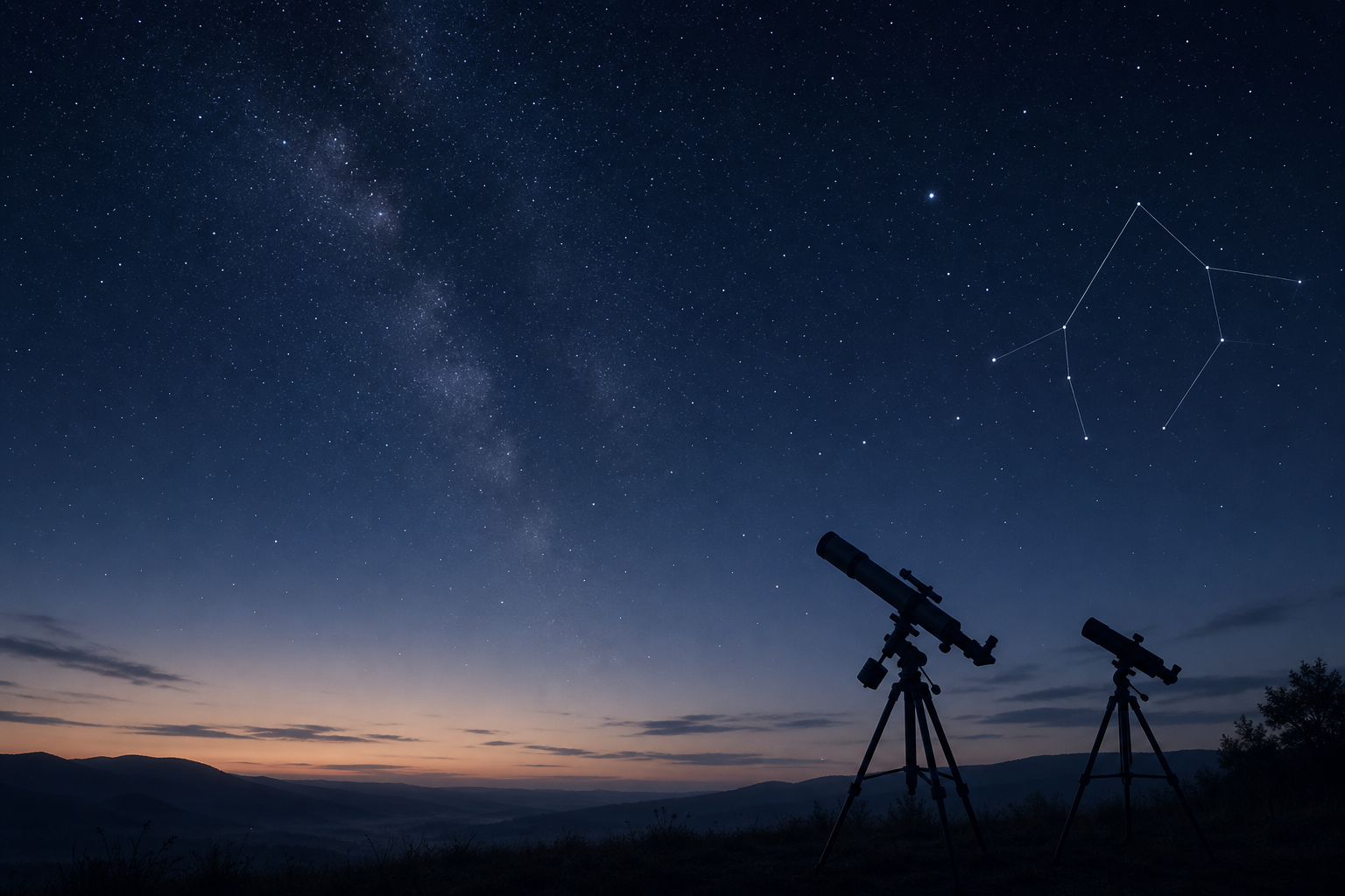 Restrained night-sky observation scene with telescope silhouettes and soft star detail