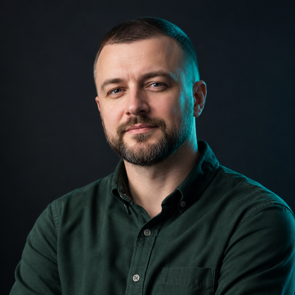Andrii Melnyk, a Ukrainian web engineer with a trimmed beard and close-cropped hair, wearing a forest green shirt