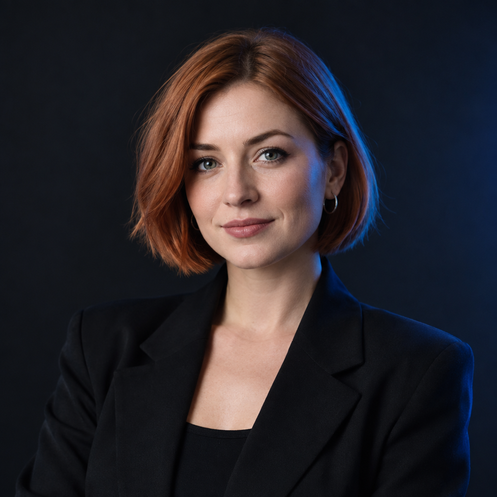 Iryna Bondar, a Ukrainian developer with a short copper bob, wearing a black blazer