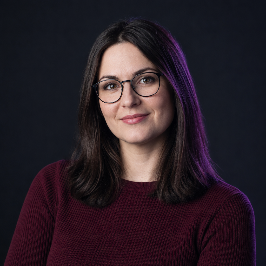 Kateryna Zhuk, a Ukrainian accessibility specialist with straight dark hair and round glasses, wearing a burgundy knit top