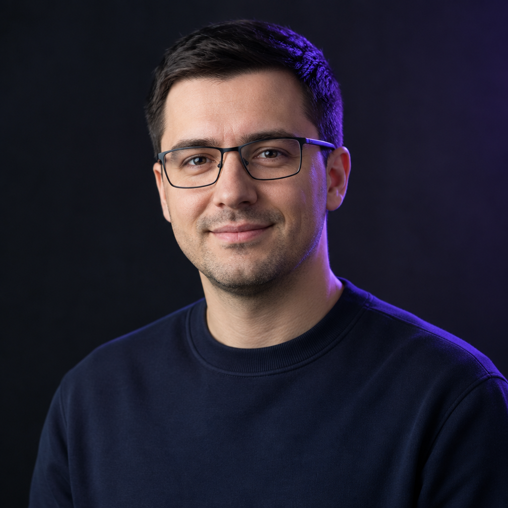 Maksym Hrytsenko, a Ukrainian engineer with short black hair and glasses, wearing a dark blue crewneck