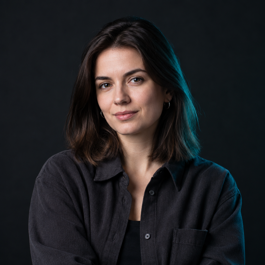 Olena Koval, a Ukrainian frontend engineer with shoulder-length dark brown hair, wearing a charcoal overshirt