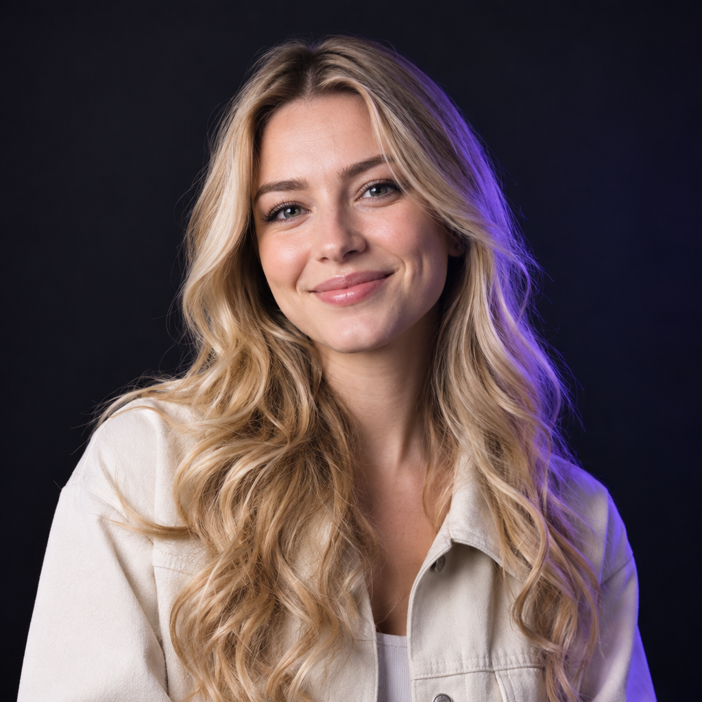 Sofia Rudenko, a Ukrainian UI engineer with long wavy blonde hair, wearing a minimal cream jacket