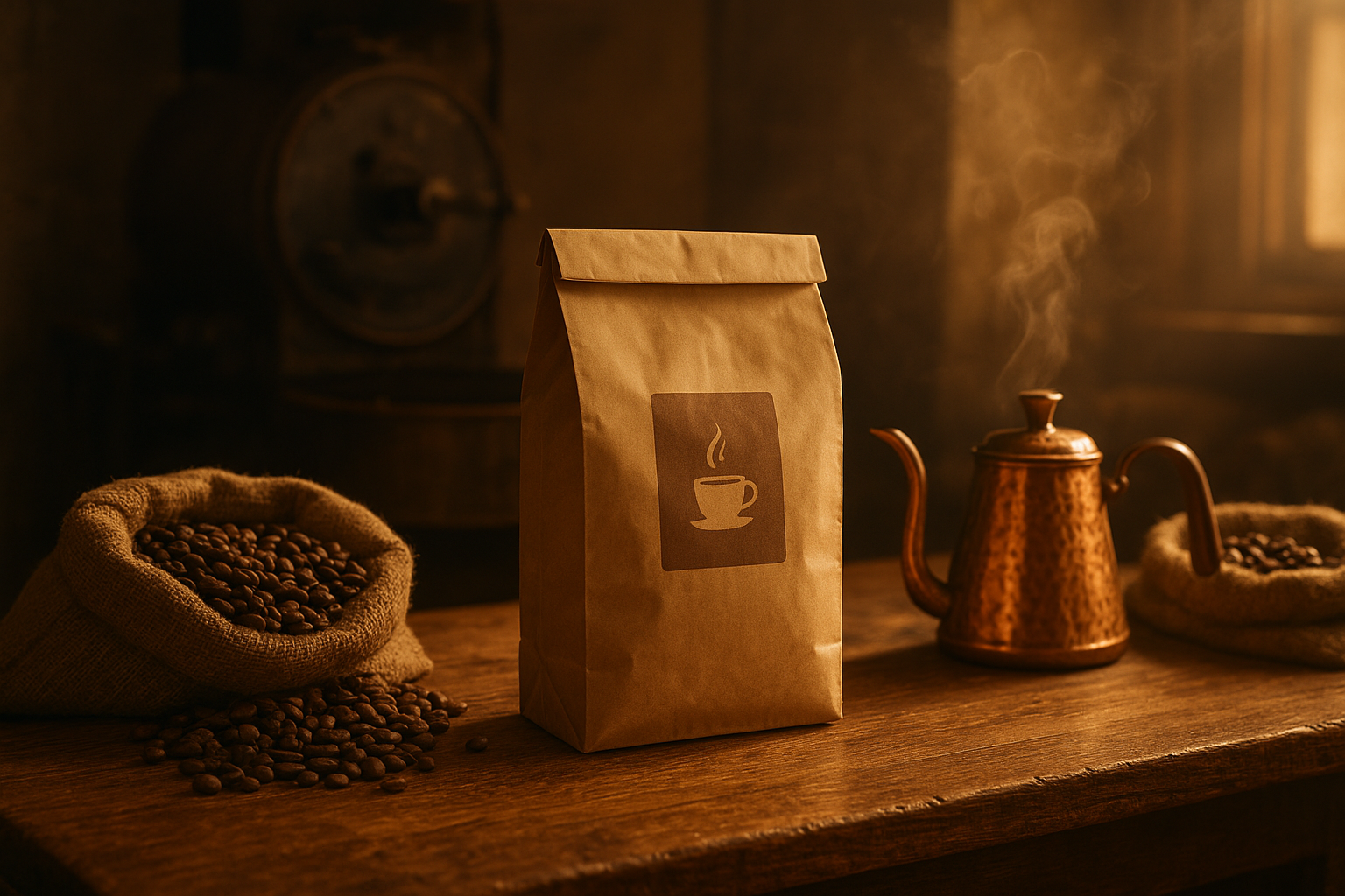 Warm artisan coffee scene with a wooden roasting table, burlap sacks, copper kettle, and a family-made coffee bag glowing in golden light