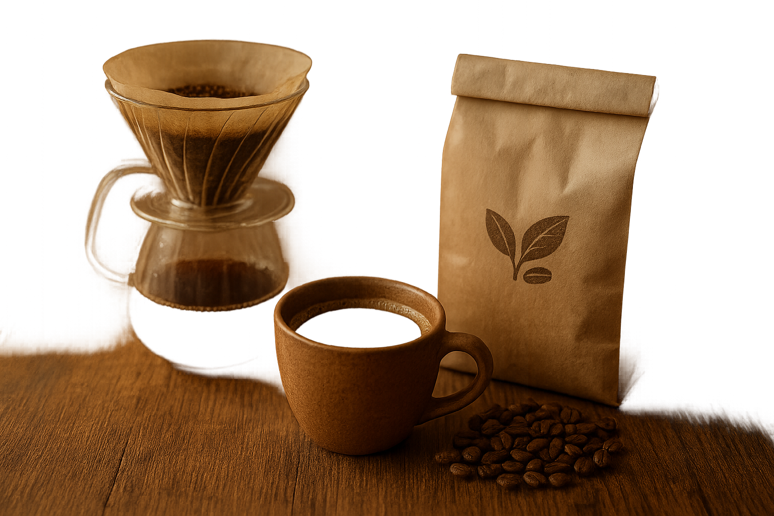 A warm, artisan coffee scene with a wooden table, a pour-over dripper, and a bag of freshly roasted coffee