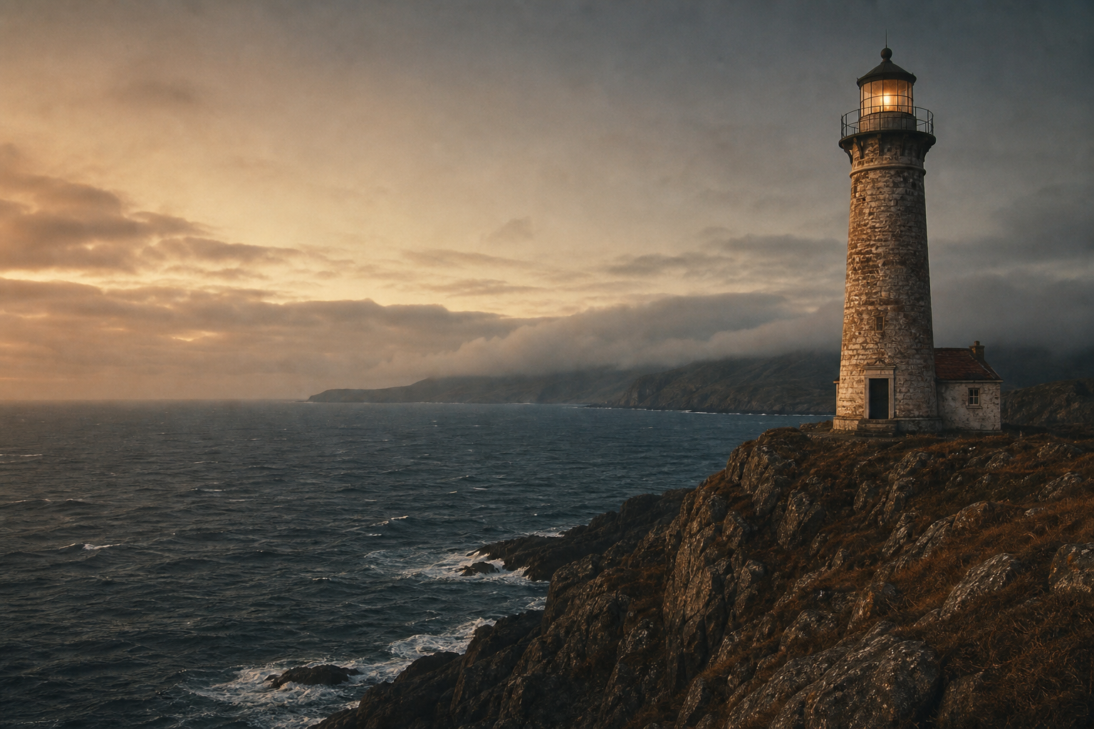 Weathered stone lighthouse above a cold northern sea at dusk, warm film-photography tones with soft grain and evening haze