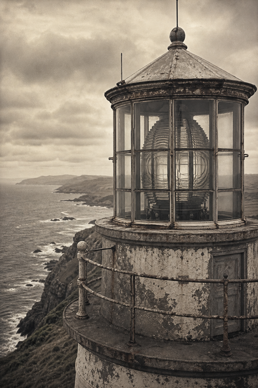Archival-style photograph of a weathered lighthouse lantern room facing a rugged northern coastline
