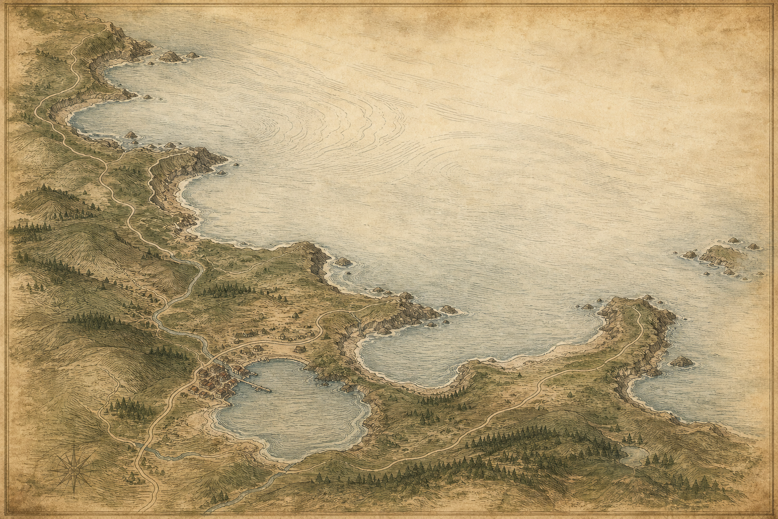 Illustrated map of the northern coastline with preserved lighthouse locations