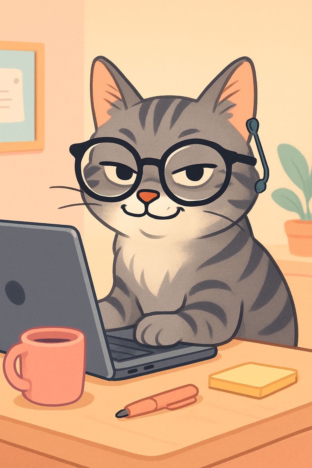 Mischievous gray tabby cat wearing oversized round glasses and a tiny spy earpiece, sitting at a laptop with a smirk in a pastel room