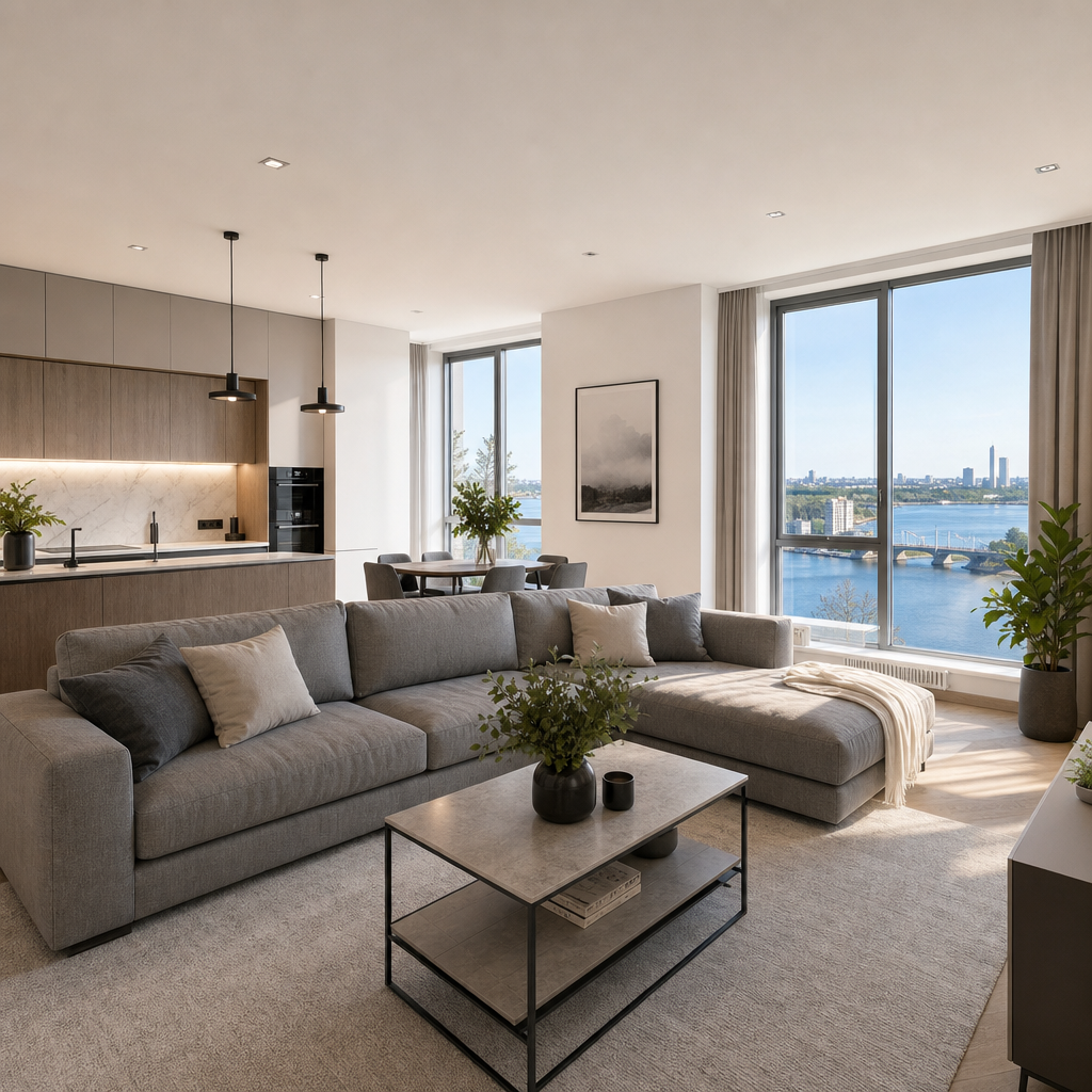 Modern family apartment in Dnipro district with open kitchen, gray sofa, and river light