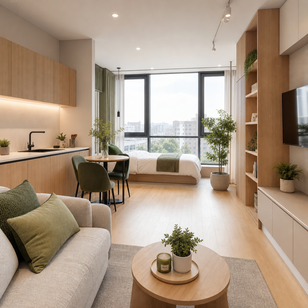 Cozy modern studio in Holosiiv with large window, light wood cabinetry, and plants