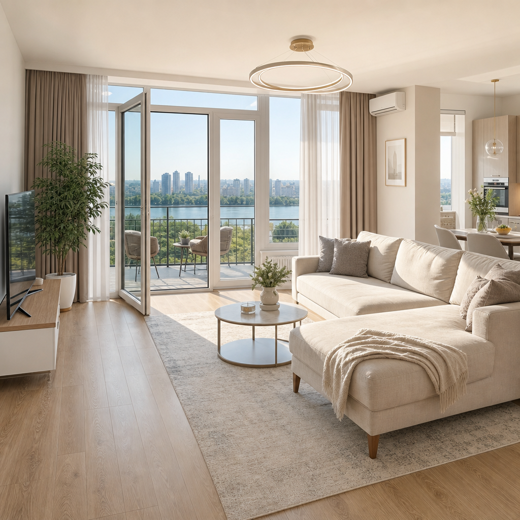 Light-filled riverside apartment in Obolon with balcony and soft neutral palette