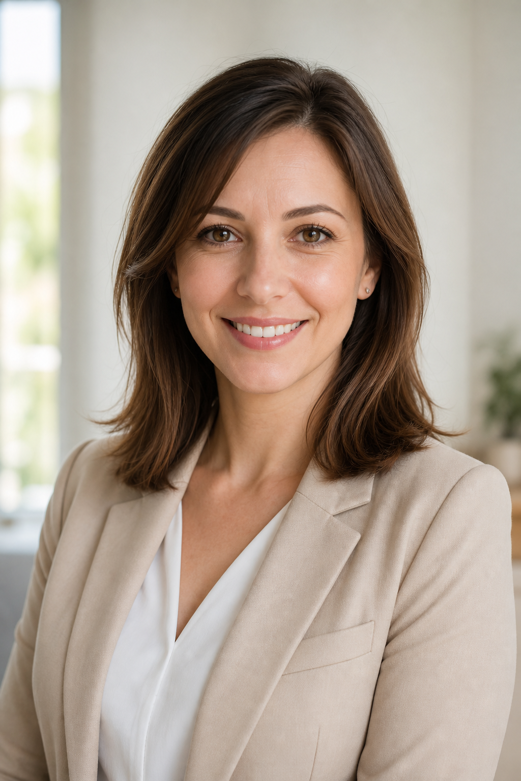 Olha Melnyk, a professional real estate agent in Kyiv, wearing a light blazer and smiling confidently