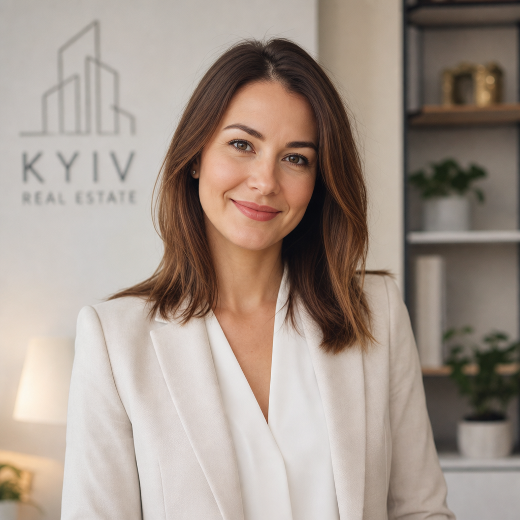 Professional portrait of Olha Melnyk, a Kyiv real estate agent in a light blazer, standing with a warm confident smile