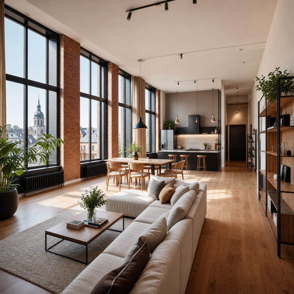 Bright open-plan loft in Podil with tall windows and warm oak floors