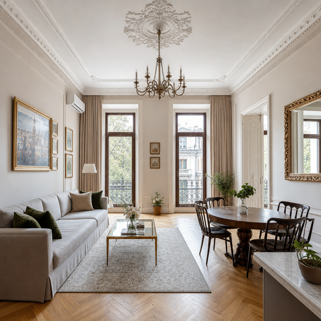 Classic Kyiv apartment in Shevchenkivskyi with tall windows, herringbone floors, and soft daylight
