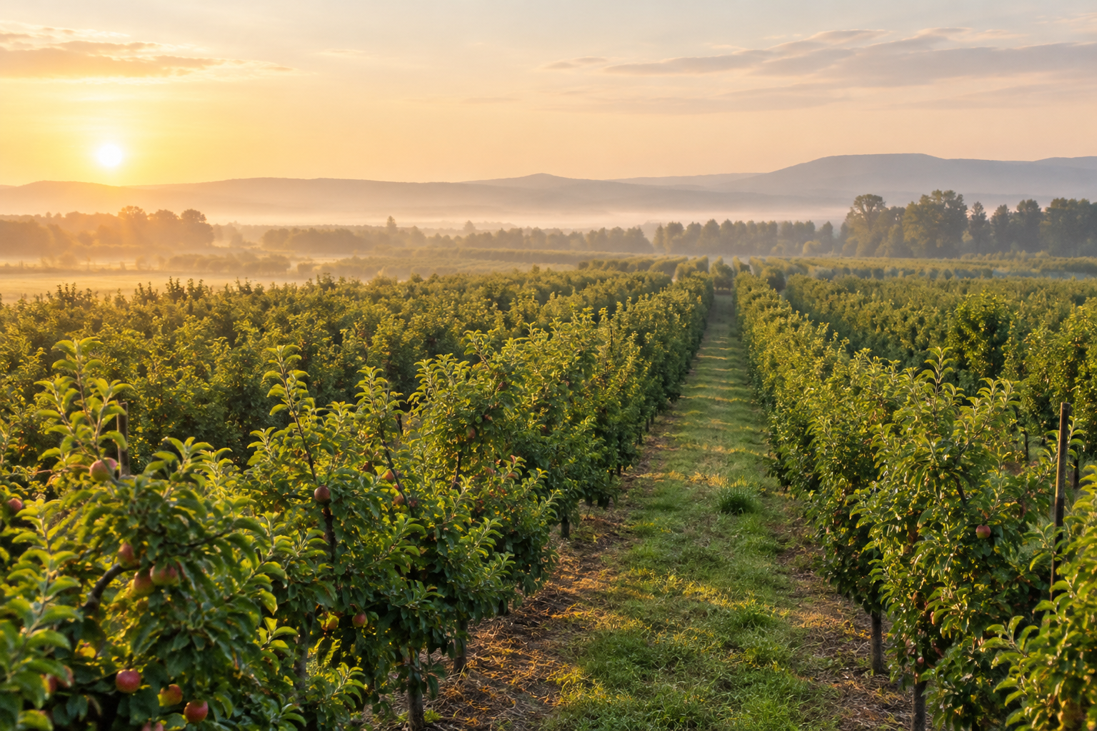 Wide orchard rows at early morning with soft haze, mature fruit trees, and warm natural light over cultivated ground