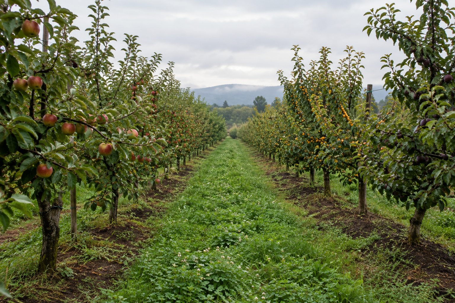 Calm orchard landscape with mixed fruit tree rows, cover-cropped lanes, and soft overcast light