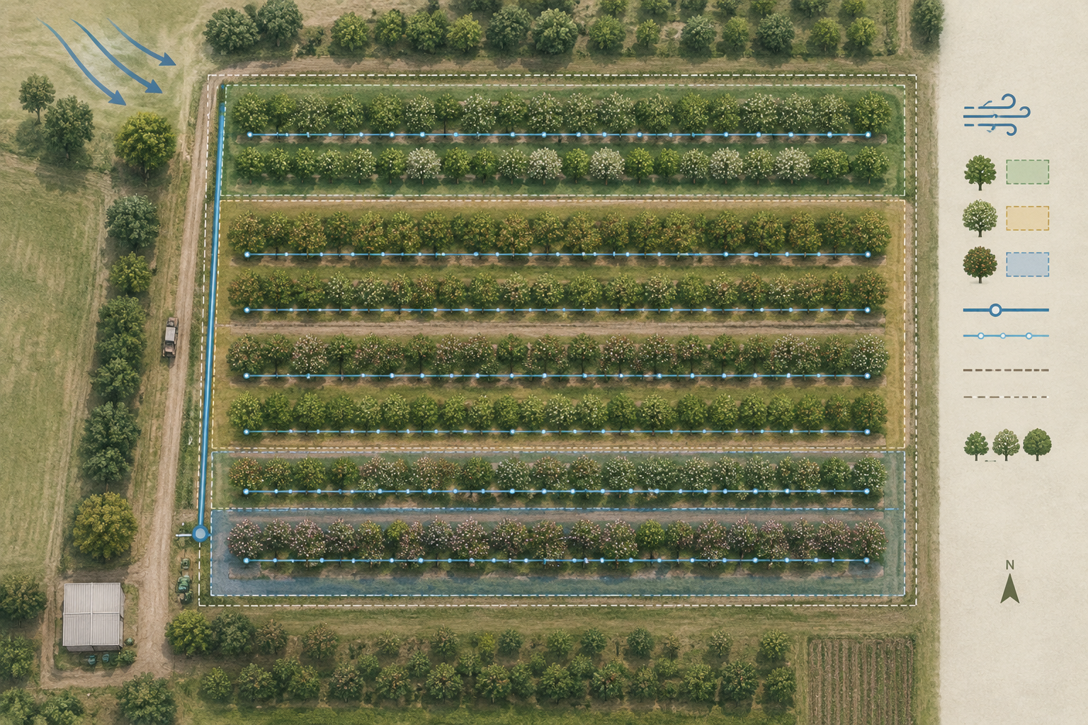 Subtle orchard planning diagram showing block layout, row orientation, irrigation lines, and access paths
