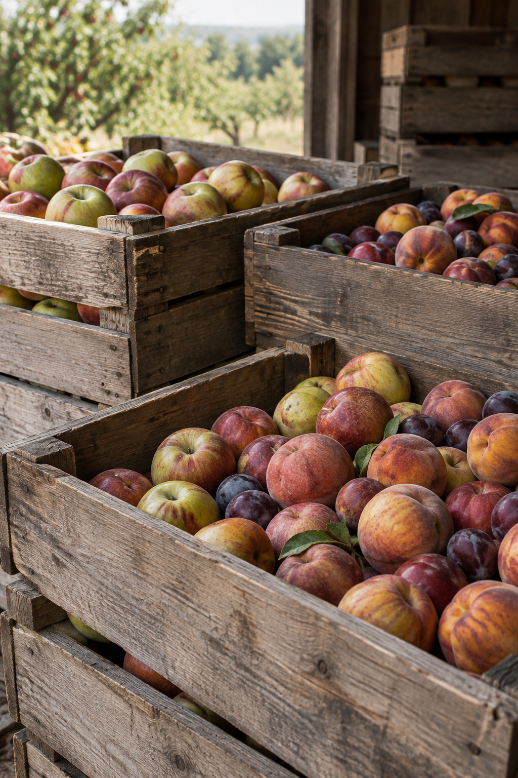 Stacked wooden orchard bins with freshly harvested mixed fruit in soft natural light