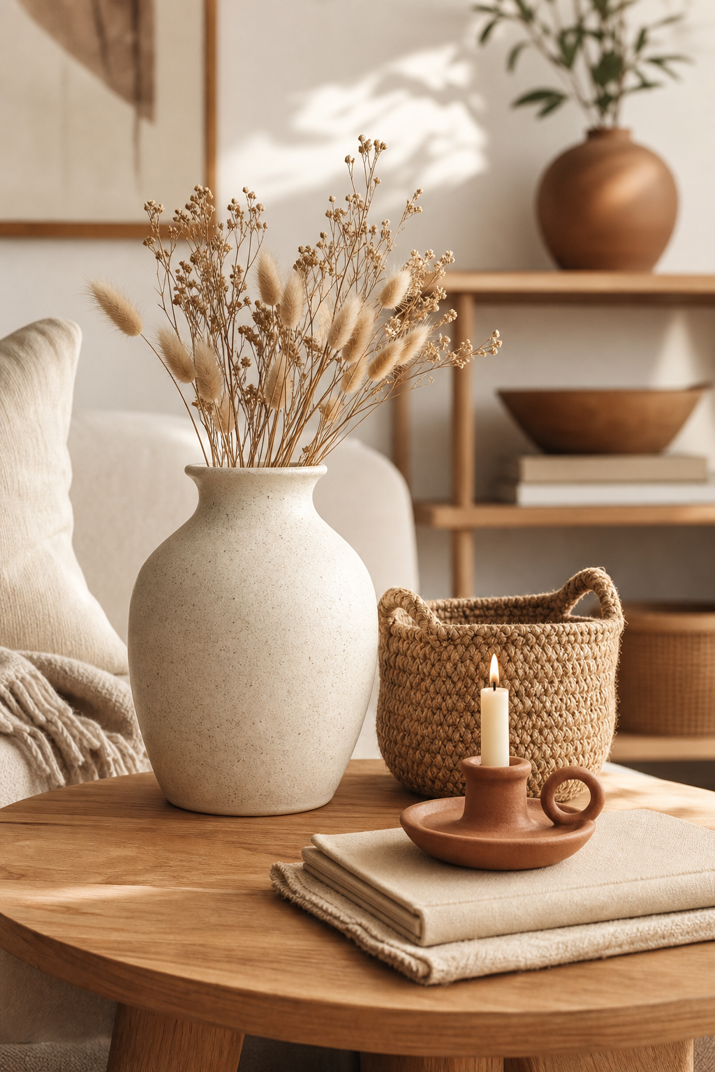 Cozy interior corner styled with a handmade ceramic vase, woven basket, and candle holder in warm natural light