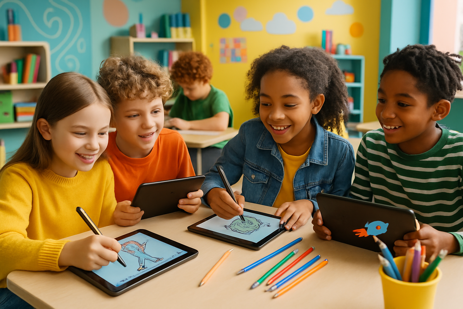 Kids working together on animation projects, smiling and using tablets
