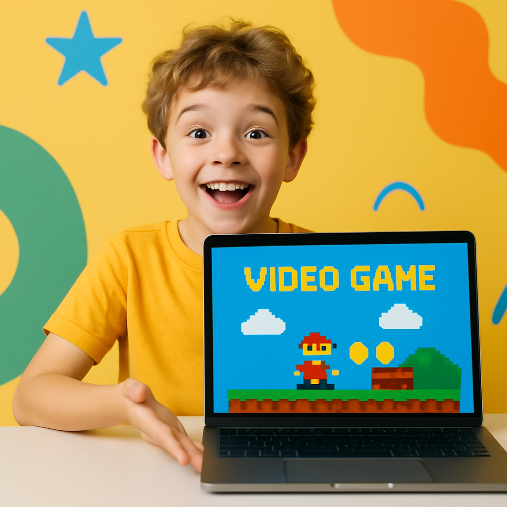 Young child proudly presenting a simple video game on a laptop
