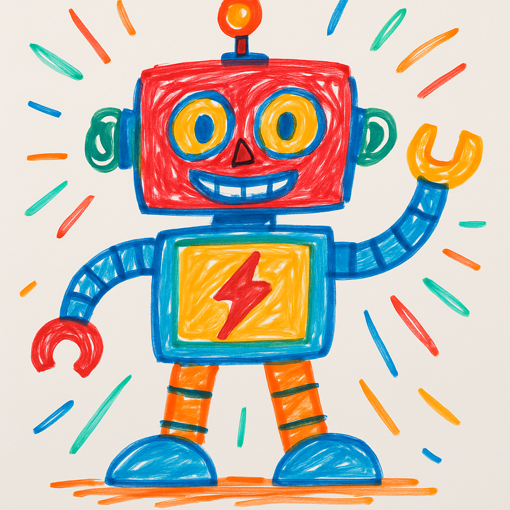 Colorful cartoon robot character, drawn by a child, on whiteboard