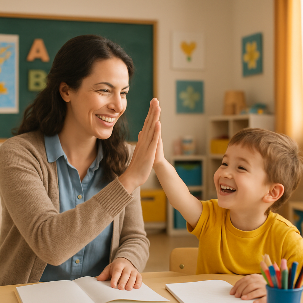 Smiling teacher giving high five to a happy child in class