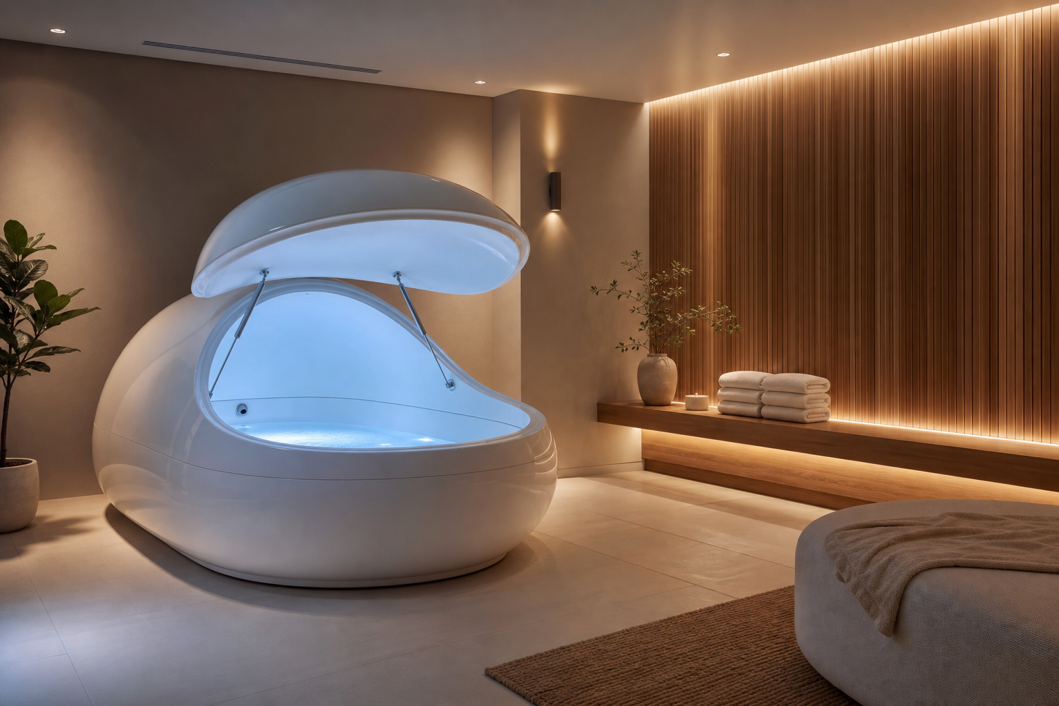 A serene floatation therapy suite with a softly lit pod, warm wood accents, and a calm spa ambience
