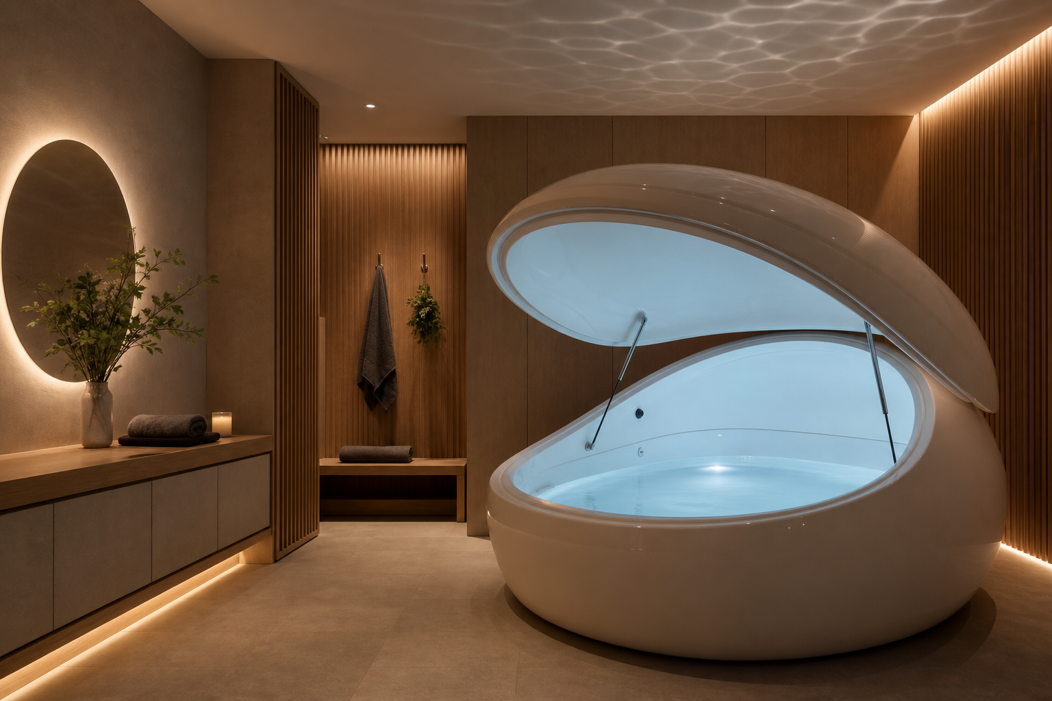 Luxurious floatation suite with a softly lit pod, warm wood accents, and tranquil water reflections