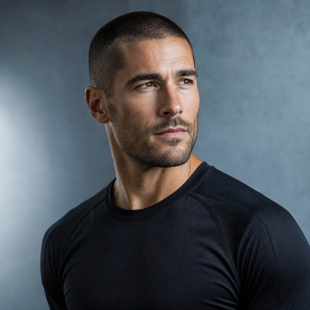 Portrait of a fit male athlete with close-cropped hair wearing a dark athletic top