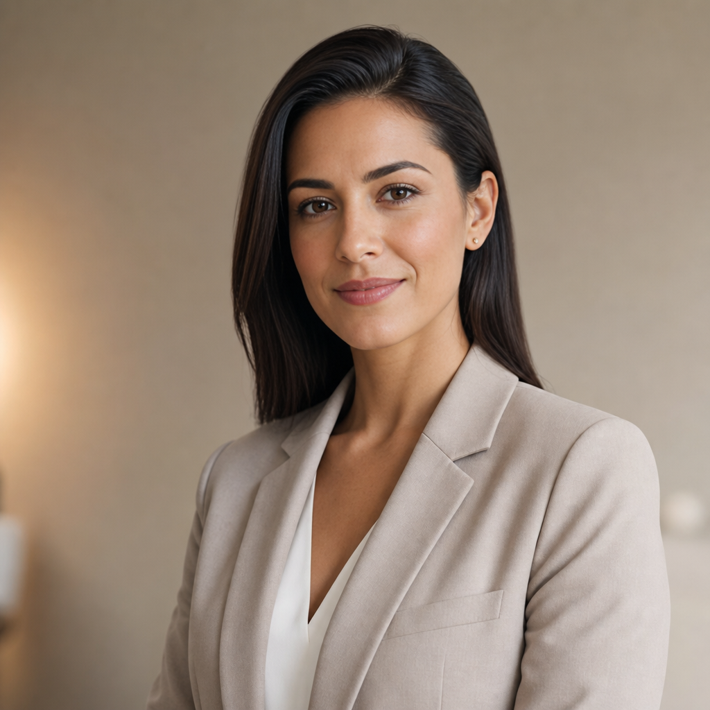 Portrait of a polished busy professional woman with dark hair and a neutral blazer
