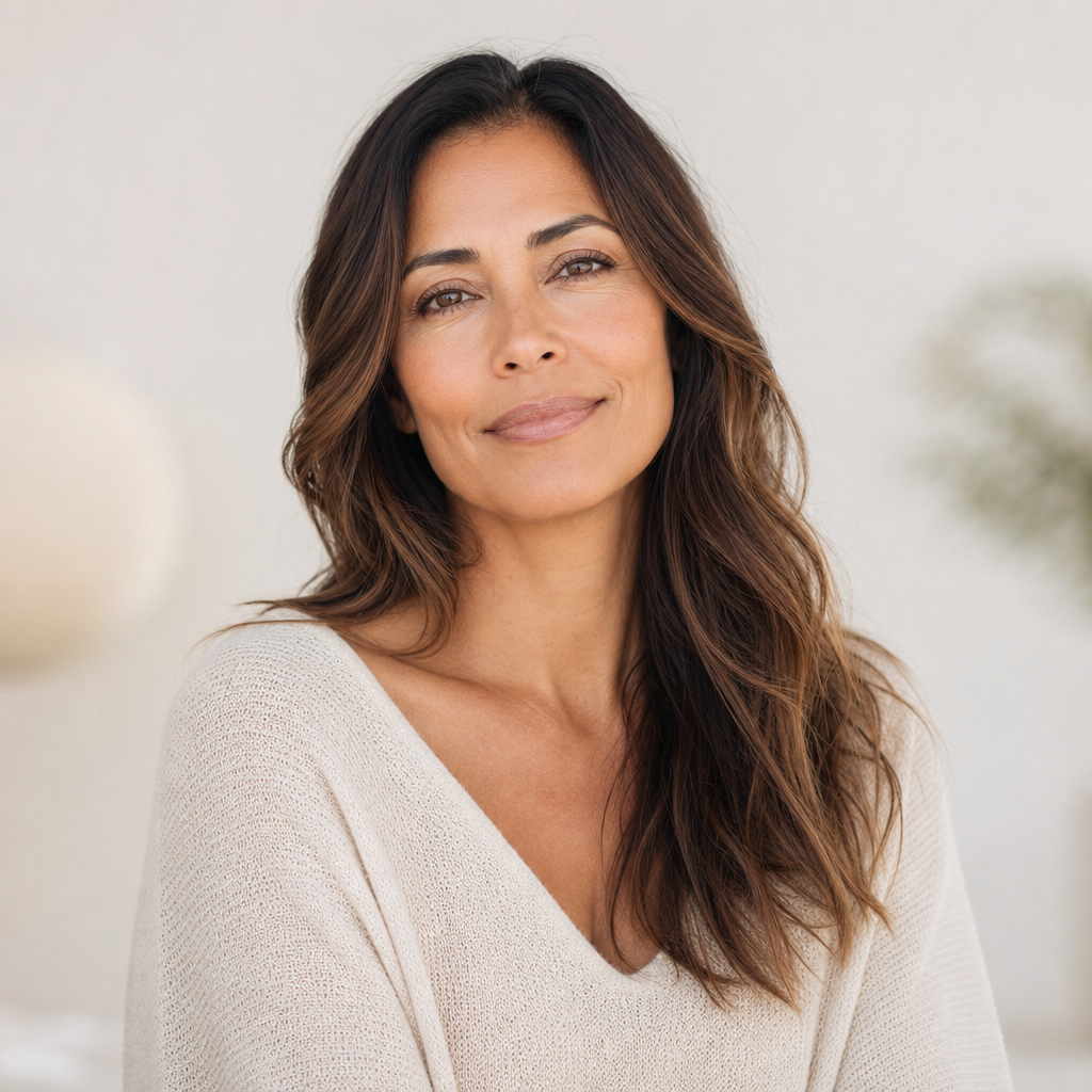 Portrait of a calm wellness seeker woman with warm skin tone and softly waved hair