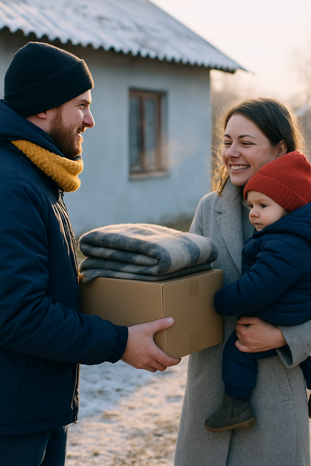 Volunteer handing a wrapped blanket and supply box to a mother and child outside a snowy Ukrainian home in soft morning light