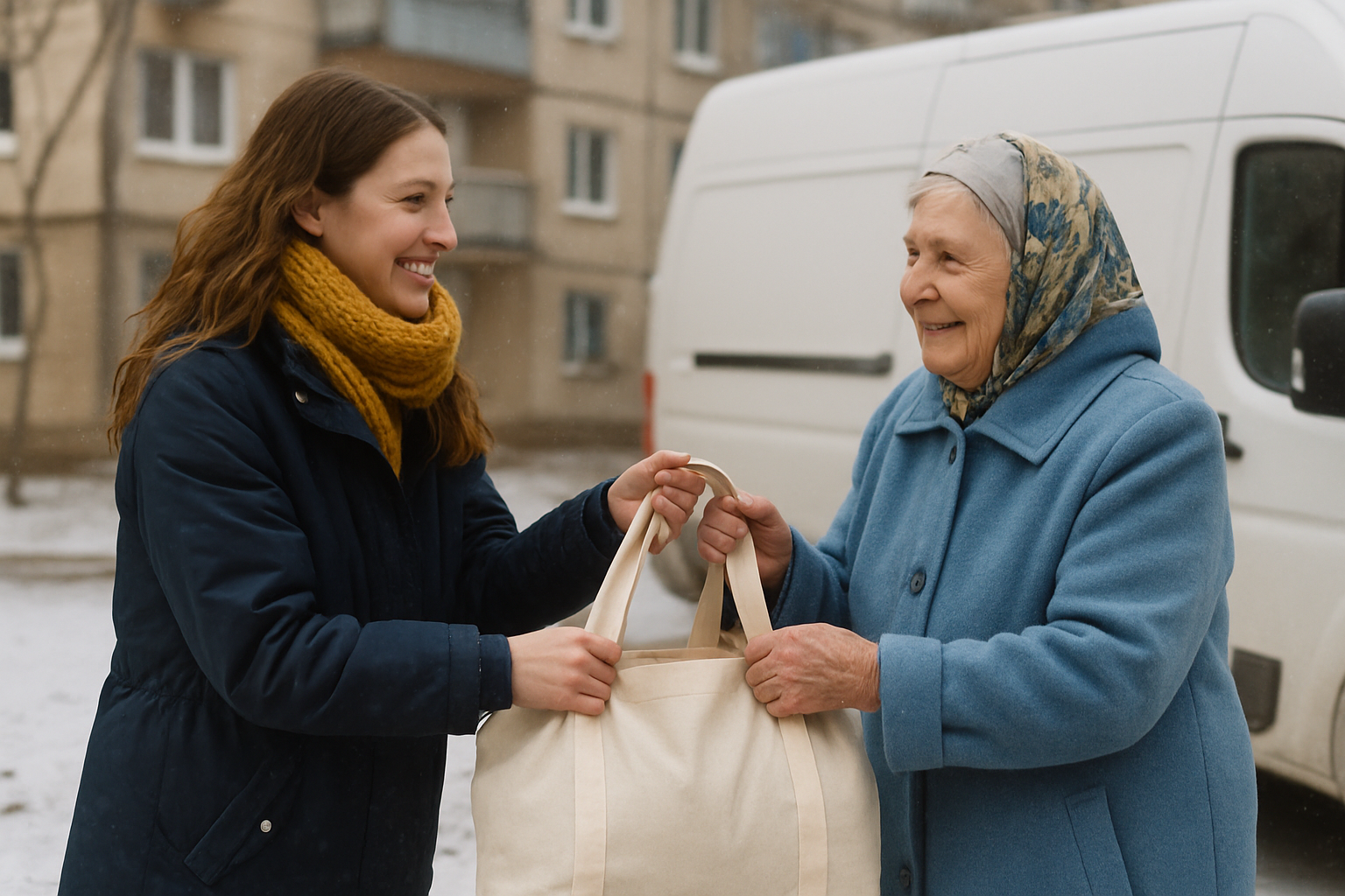A young volunteer in a yellow scarf handing a supply bag to a grandmother in a blue coat outside an apartment block, both smiling