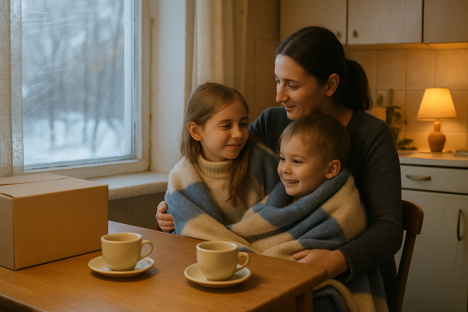 A mother and her two young children wrapped in a new wool blanket at a small kitchen table, warm lamp light, winter supply kit on the table