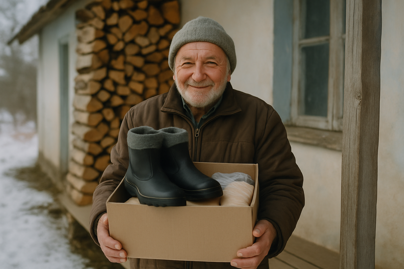 An elderly man in a knitted grey hat smiling on the wooden porch of a village house, holding a box of winter supplies, soft snowy daylight