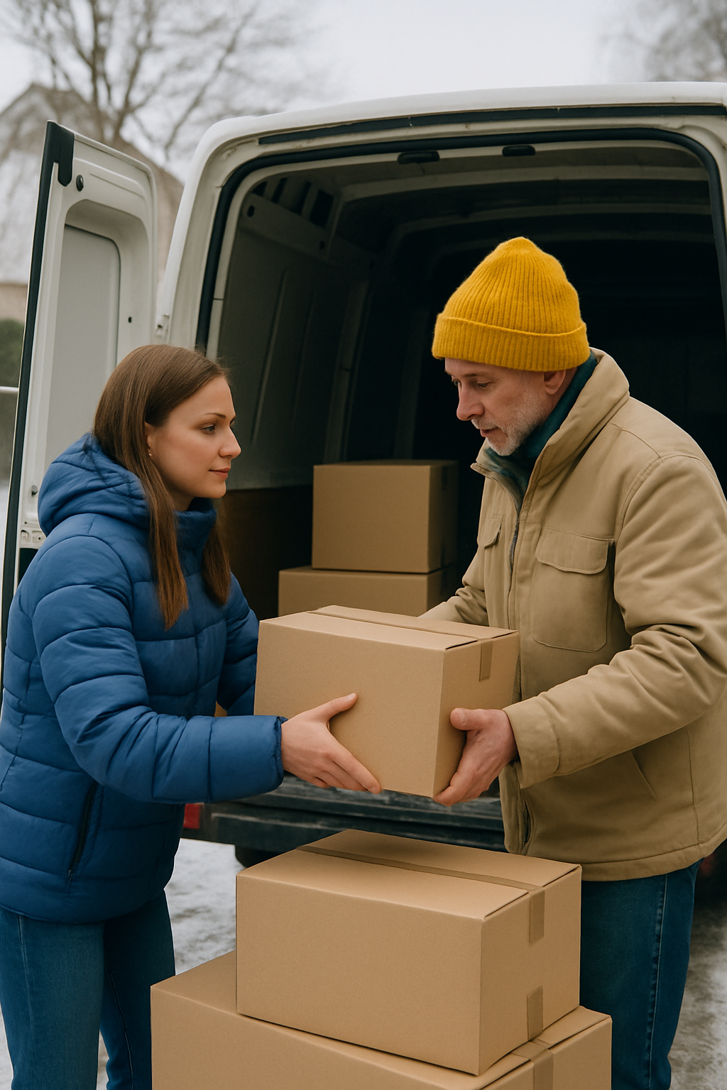 Two volunteers in warm jackets loading boxes of winter supplies into a delivery van on a snowy morning