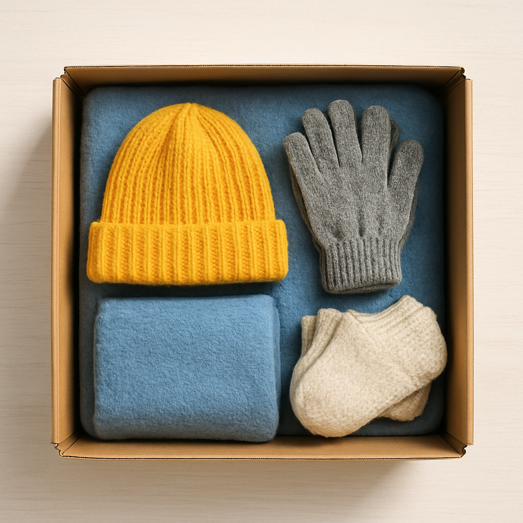 Neatly packed winter aid kit with a folded blue thermal blanket, knitted yellow hat, gloves and wool socks