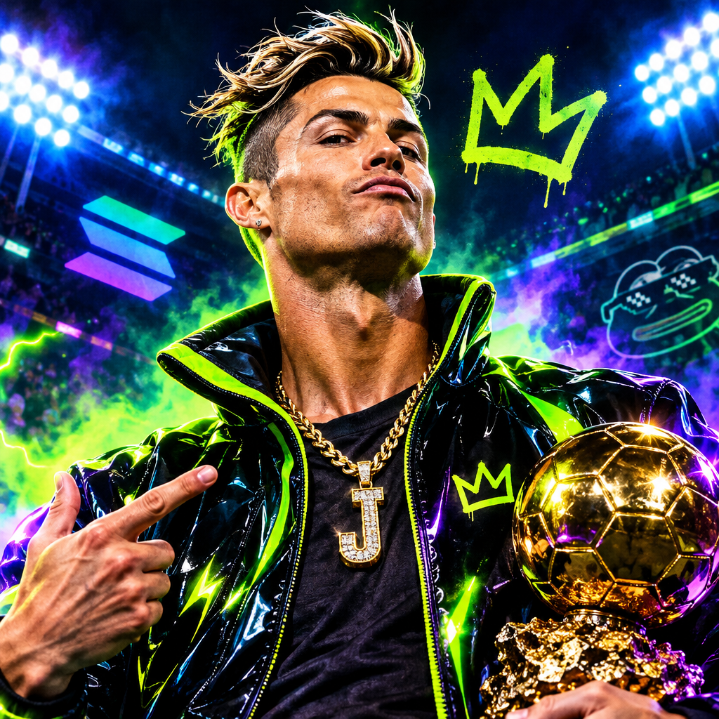 Stylized meme character portrait of Ronaldo Jane with dramatic football-star hair, confident expression, and neon stadium glow