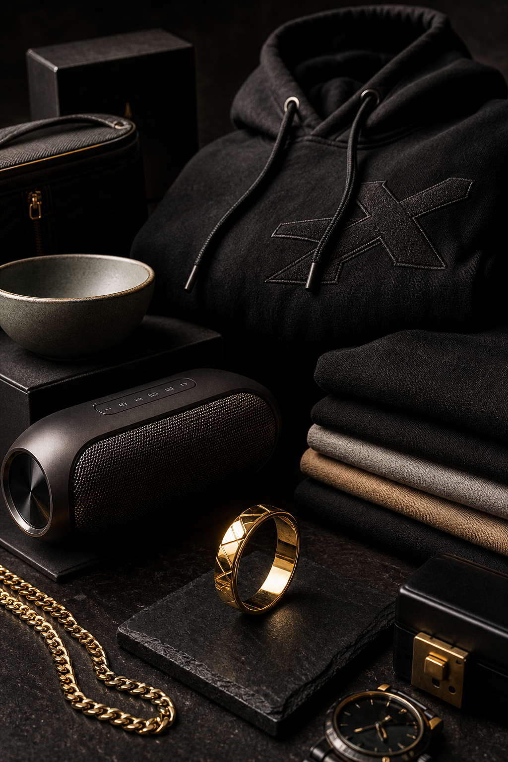 Moody collage of luxury-meets-bargain goods including a gold ring, folded streetwear, a compact speaker, and neatly stacked household items on a dark surface
