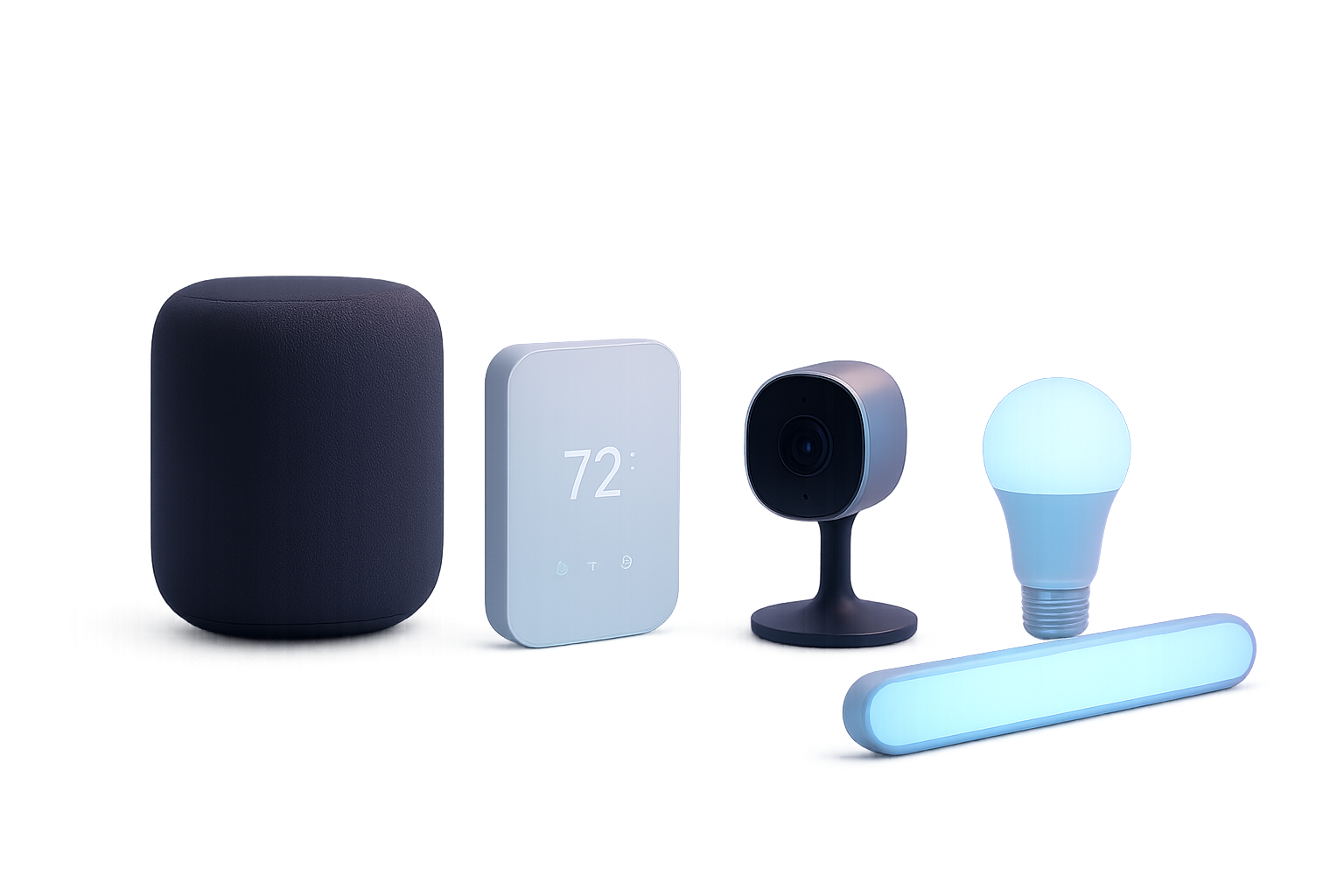Premium 3D render cluster of a smart speaker, wall thermostat, home security camera, and ambient smart lighting arranged as a modern connected home setup