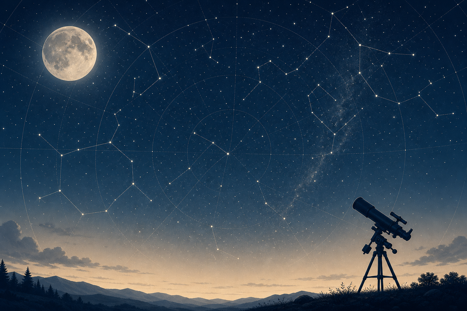 Moonlit celestial chart illustration with subtle stars, fine constellation lines, and a telescope silhouette on a calm night sky