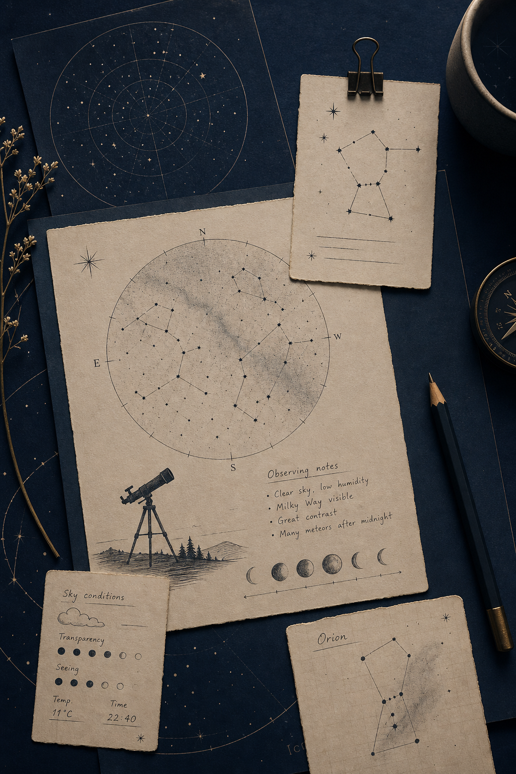 Calm field-journal style celestial sketch board with hand-drawn star map markings, moon phase notes, and telescope viewing annotations on paper