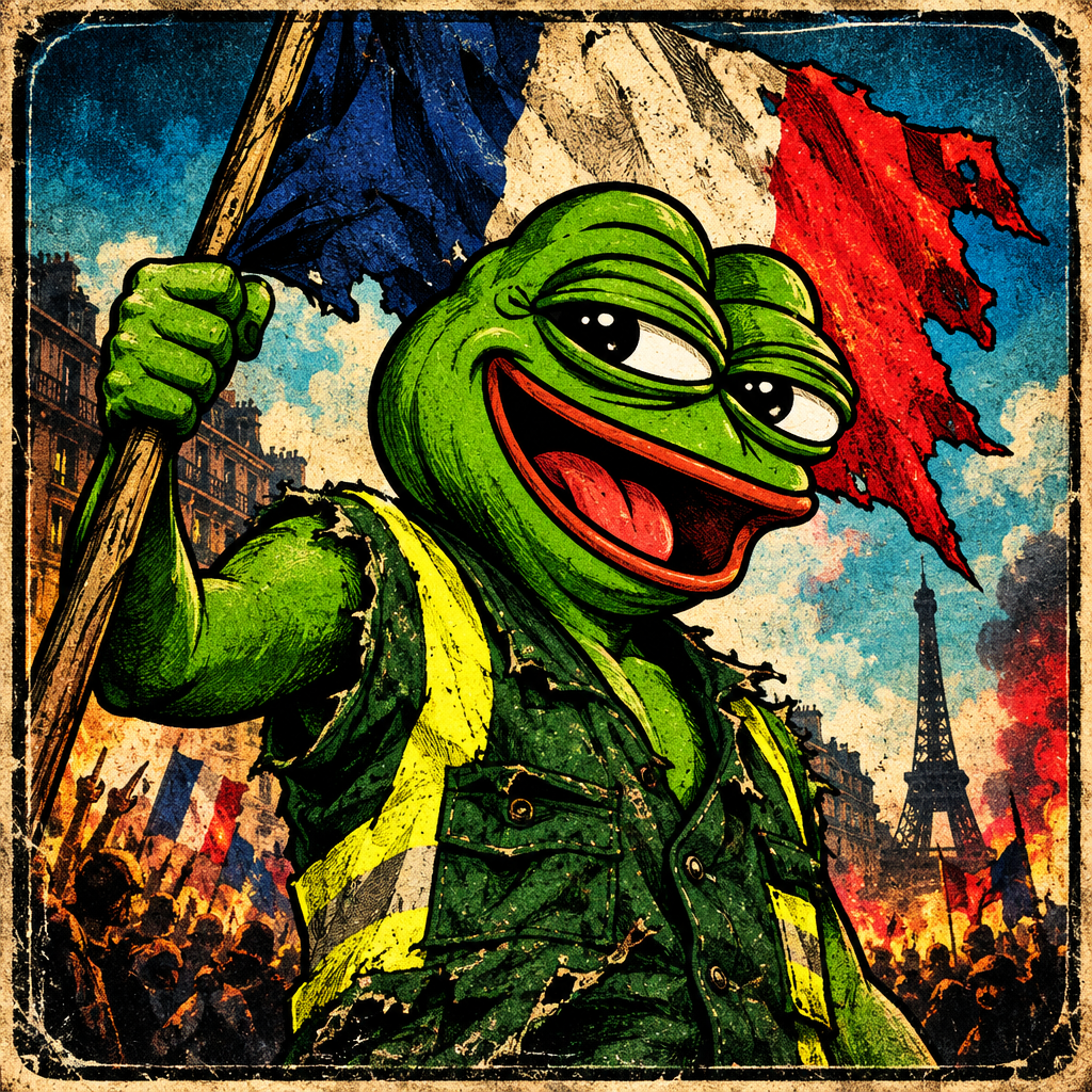 Collectible portrait tile of La Gilet Pepe, a smirking green frog in a vintage green vest holding a torn revolutionary banner