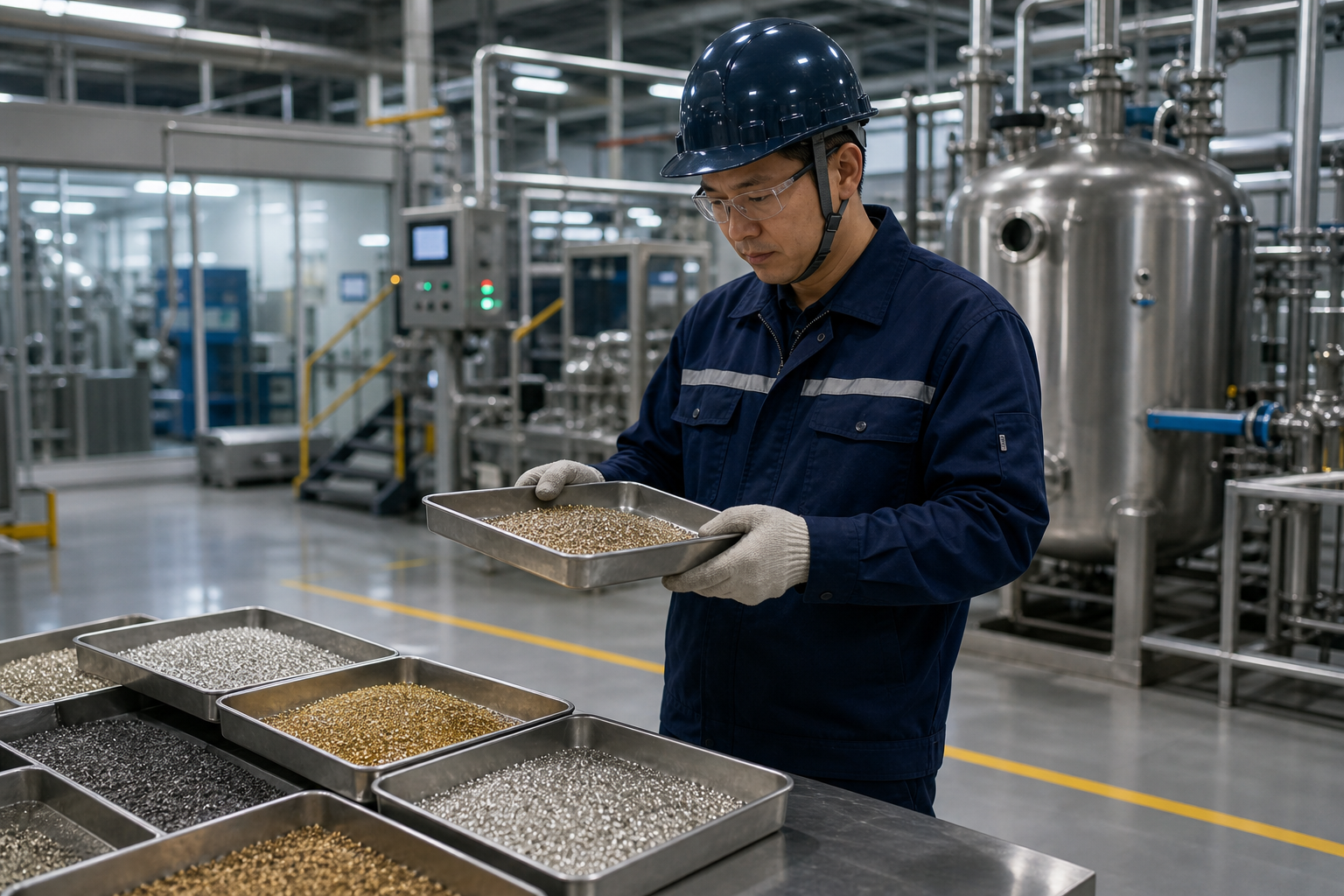 Industrial technician inspecting recovered precious metal material in a clean refinery facility