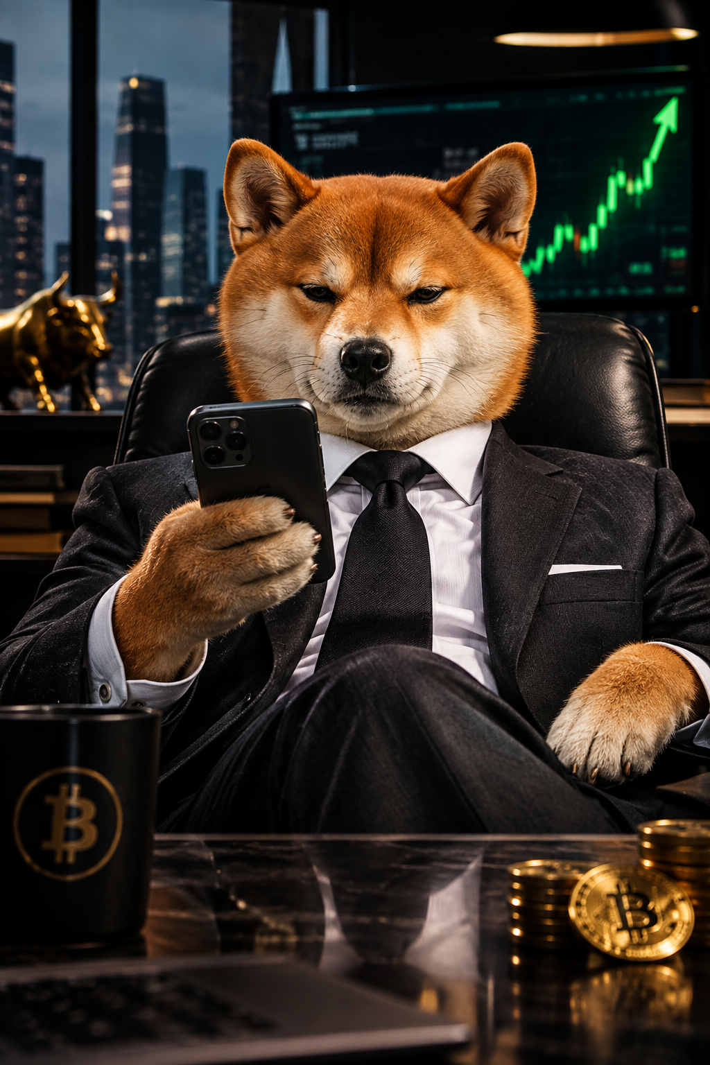 Deadpan shiba inu in a sharp charcoal business suit, staring at a smartphone like an overconfident executive trader, dramatic portrait framing