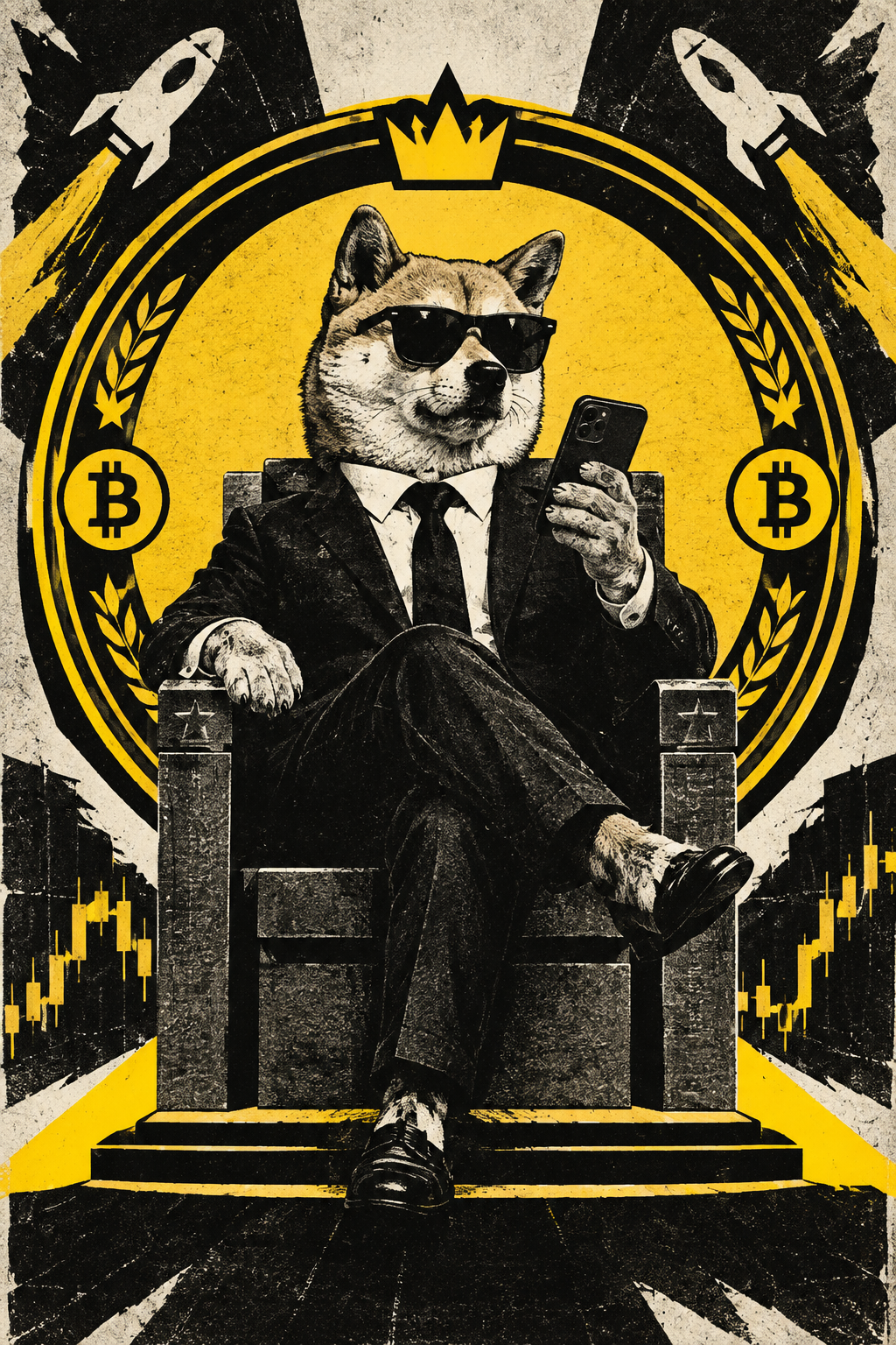 Poster-style DOGCEO executive seal with a dog silhouette in a suit, a token ring emblem, and satirical boardroom iconography
